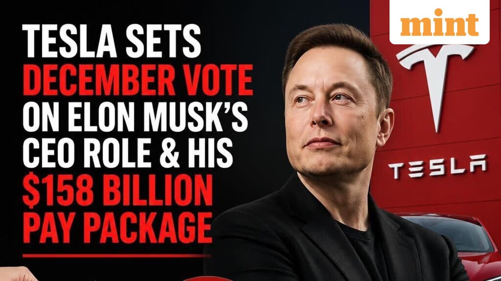 Cover image for Tesla sets December vote on Elon Musk’s CEO role & his $158 billion pay package; SpaceX merger stays off ballot