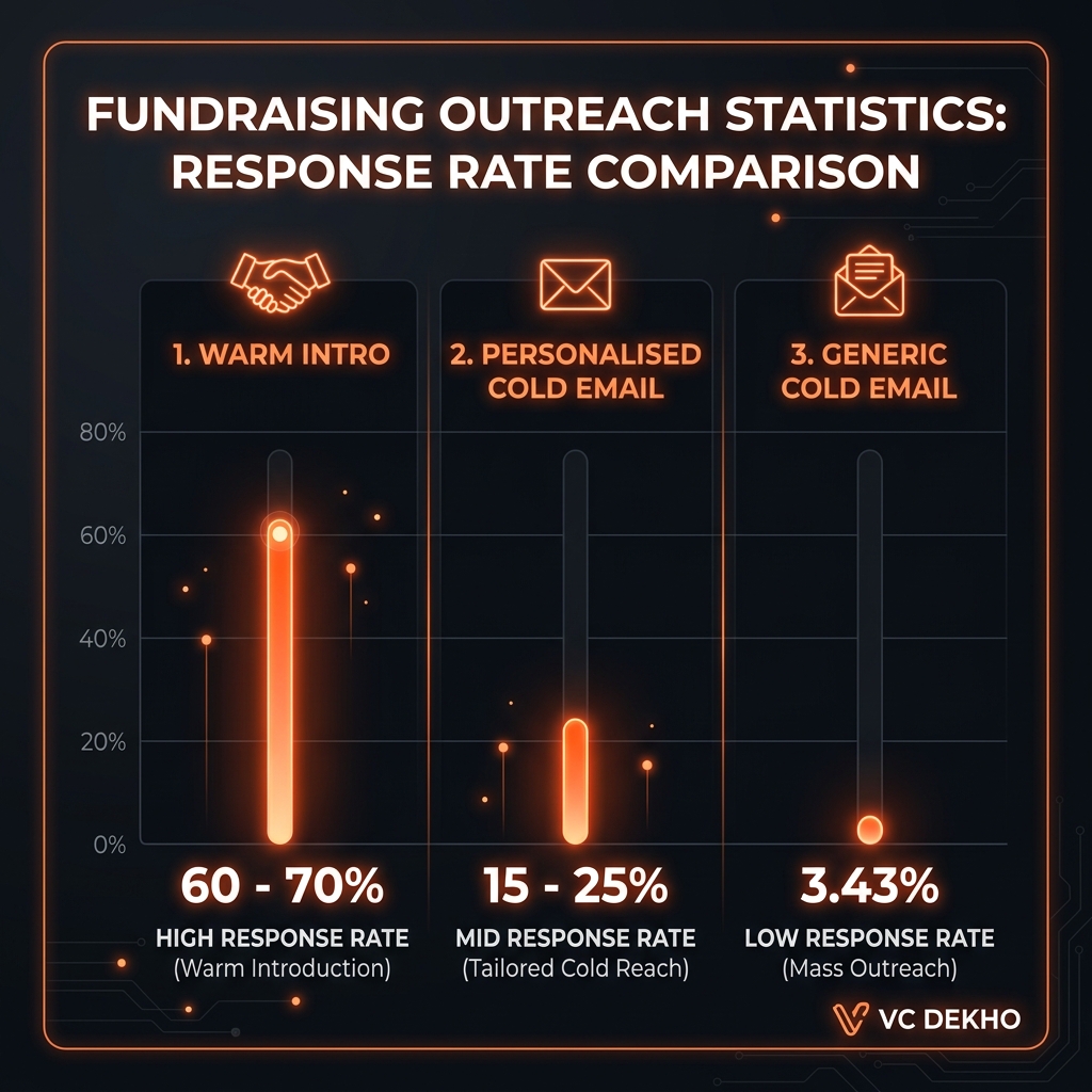 Comparison of warm intro vs cold email response rates for Indian startup fundraising 2026